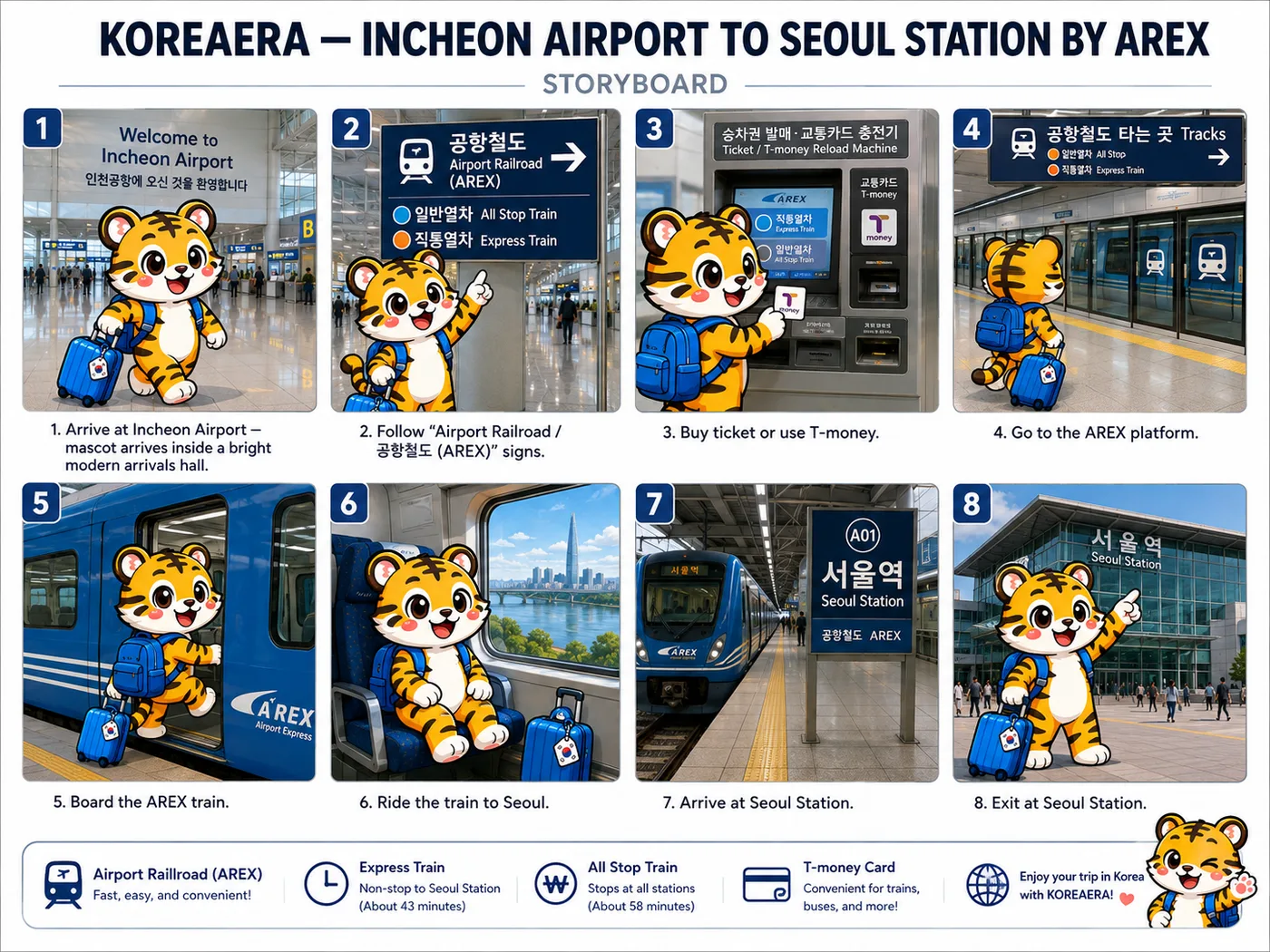 Illustrated eight-panel storyboard of the AREX journey from Incheon Airport to Seoul Station