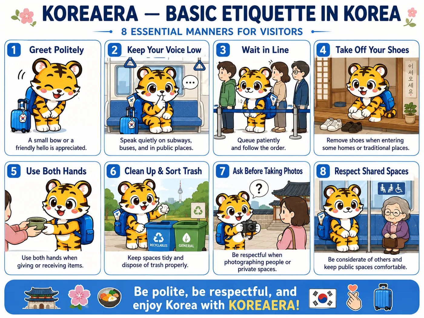 Illustrated Korea Era guide showing eight everyday etiquette moments in Korea