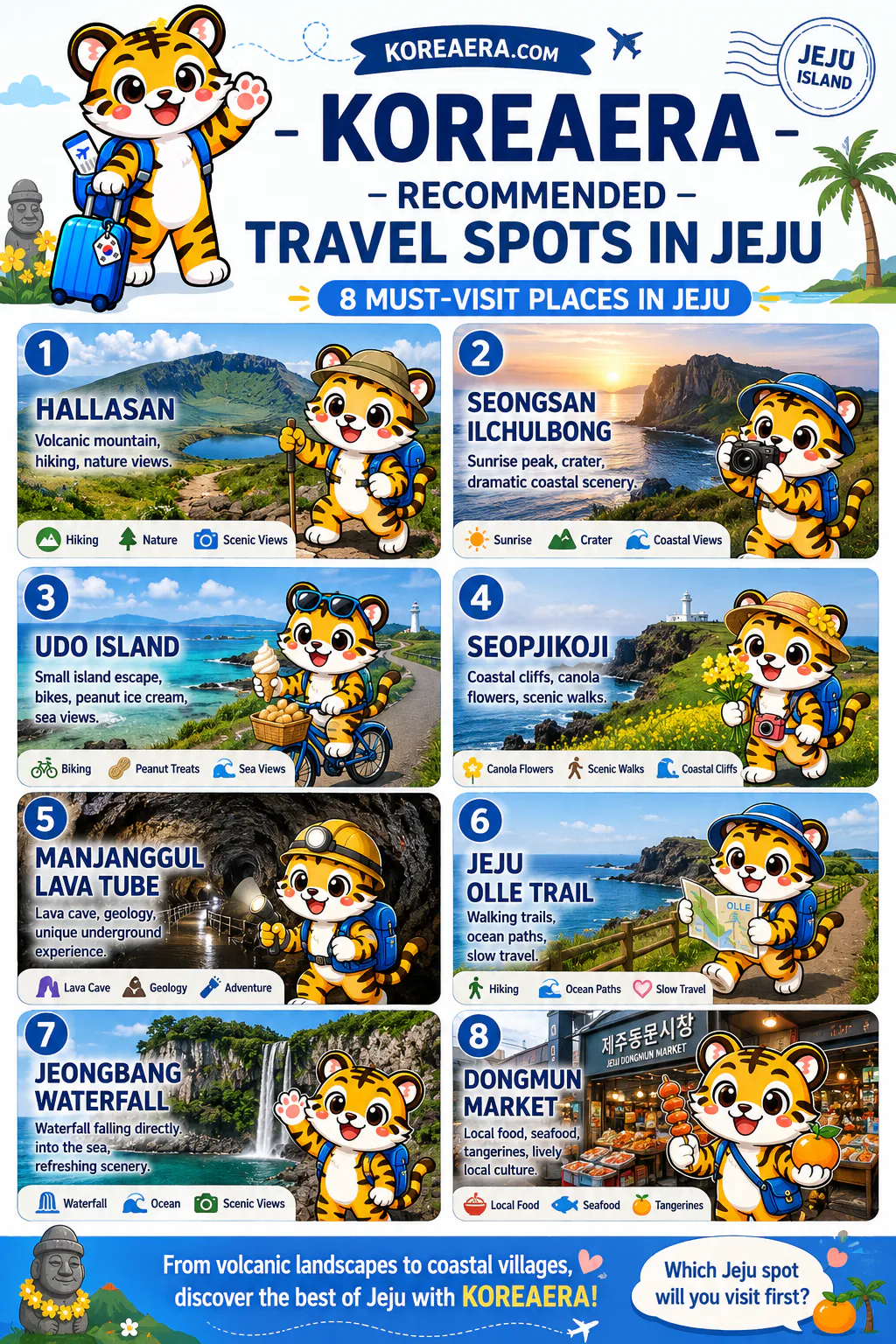 Illustrated Korea Era overview of eight must-visit places on Jeju Island
