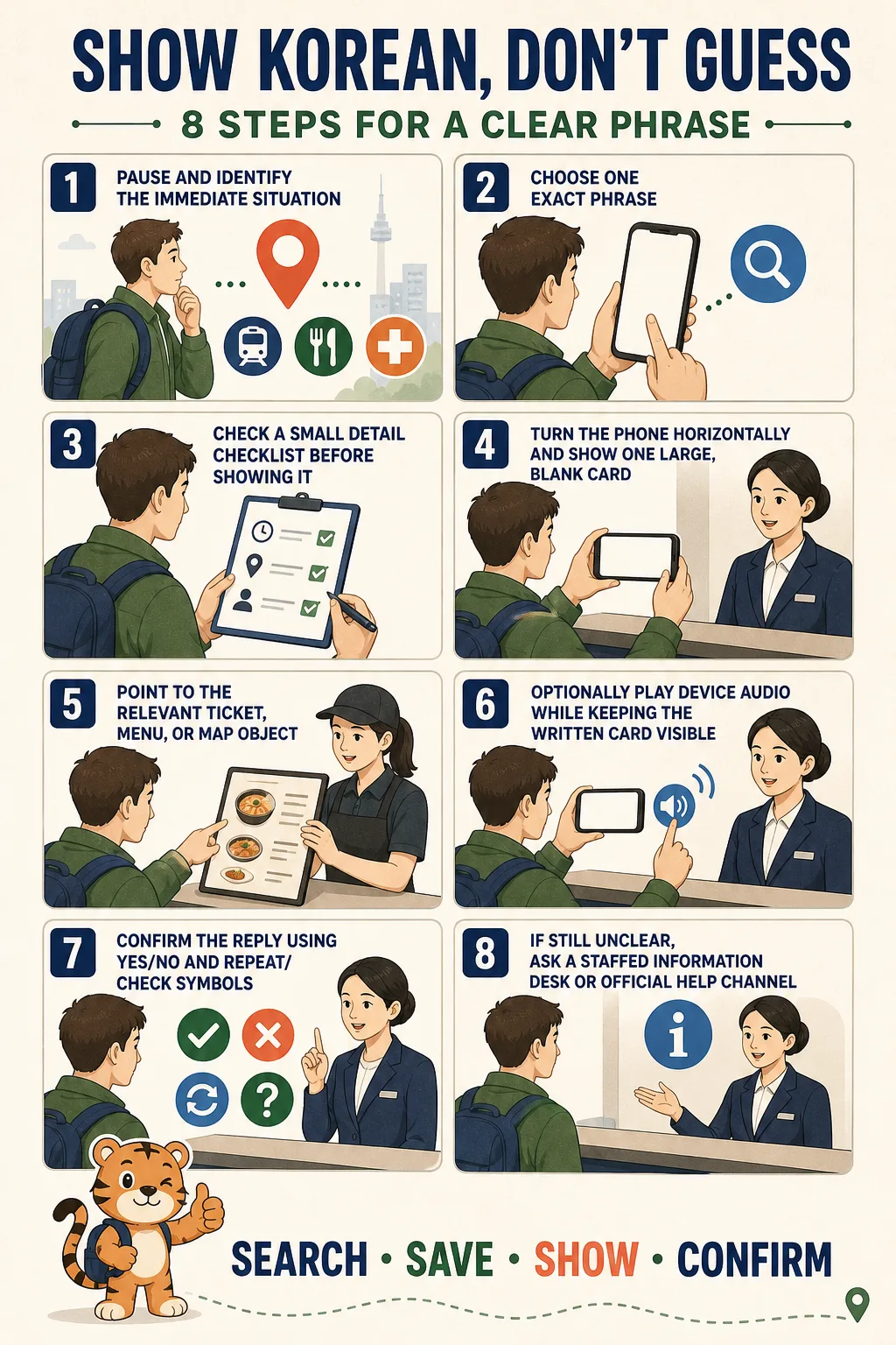 Eight-panel illustrated workflow for finding one Korean travel phrase, checking its context, showing a large written card, confirming the reply and finding staffed help