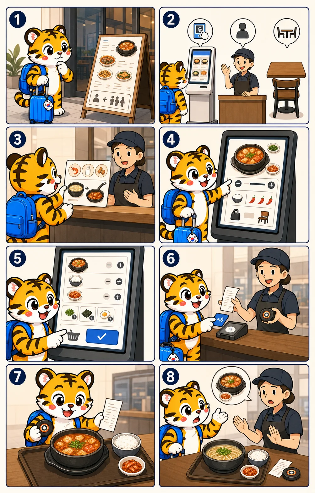 Eight-panel illustrated guide to checking a menu, ordering, paying and resolving a food-order mismatch in Korea