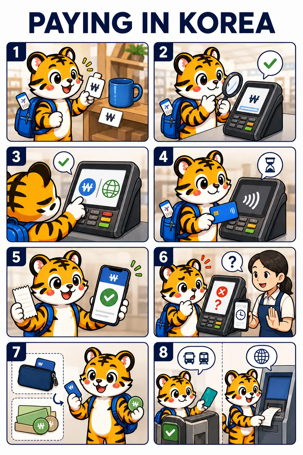 Eight-panel illustrated guide to checking a Korean-won price, choosing transaction currency, paying once, confirming the result and using separate card, cash, ATM and transit fallbacks