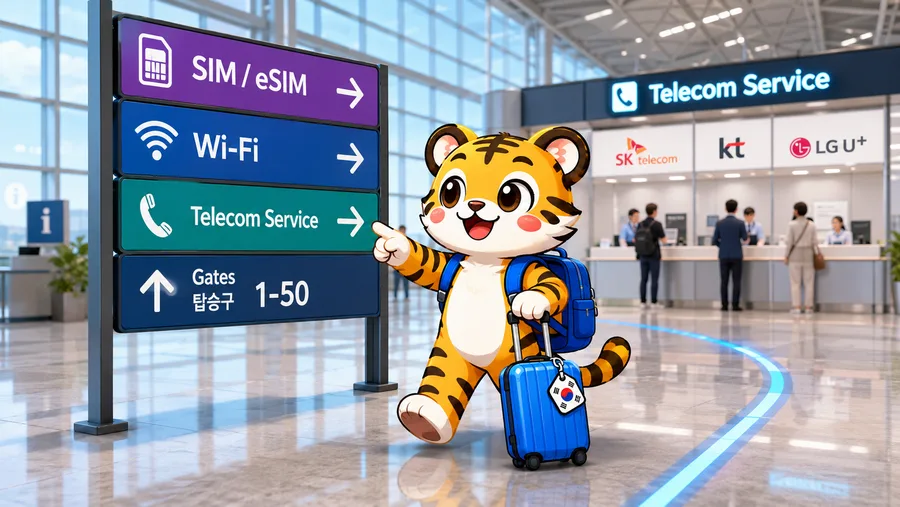 Illustration of airport signage pointing to SIM, eSIM and telecom services