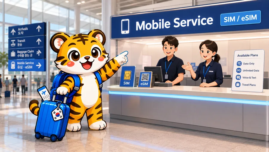 Illustration of mobile network service counters in an airport arrivals hall