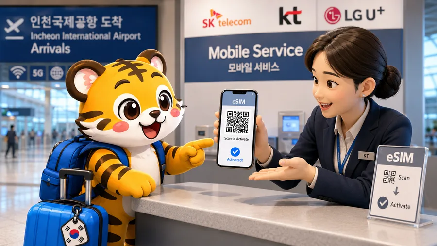 Illustration of a traveller showing a passport at a telecom counter