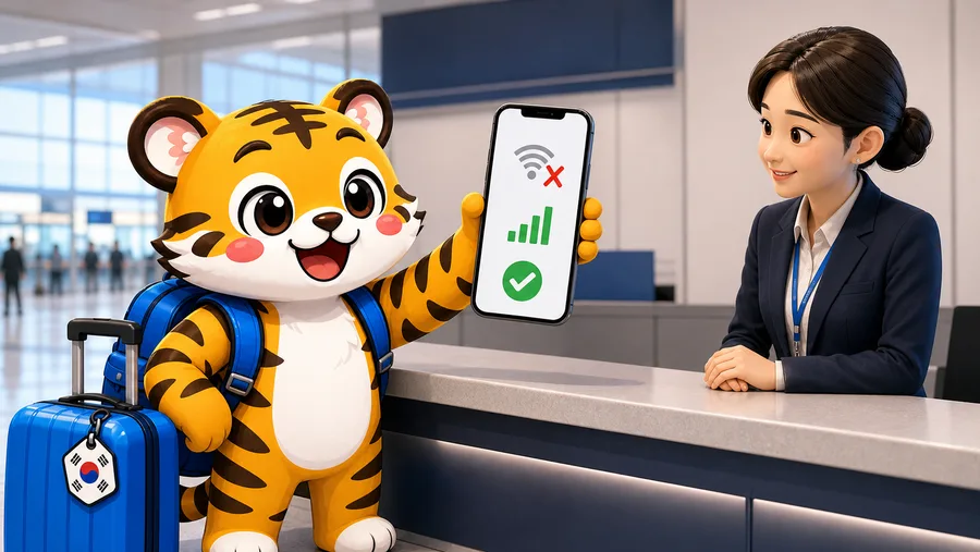 Illustration of a traveller testing cellular data with airport wi-fi switched off