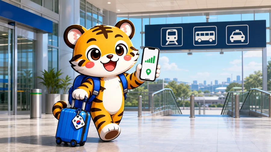 Illustration of a connected traveller leaving the airport with generic transport choices ahead