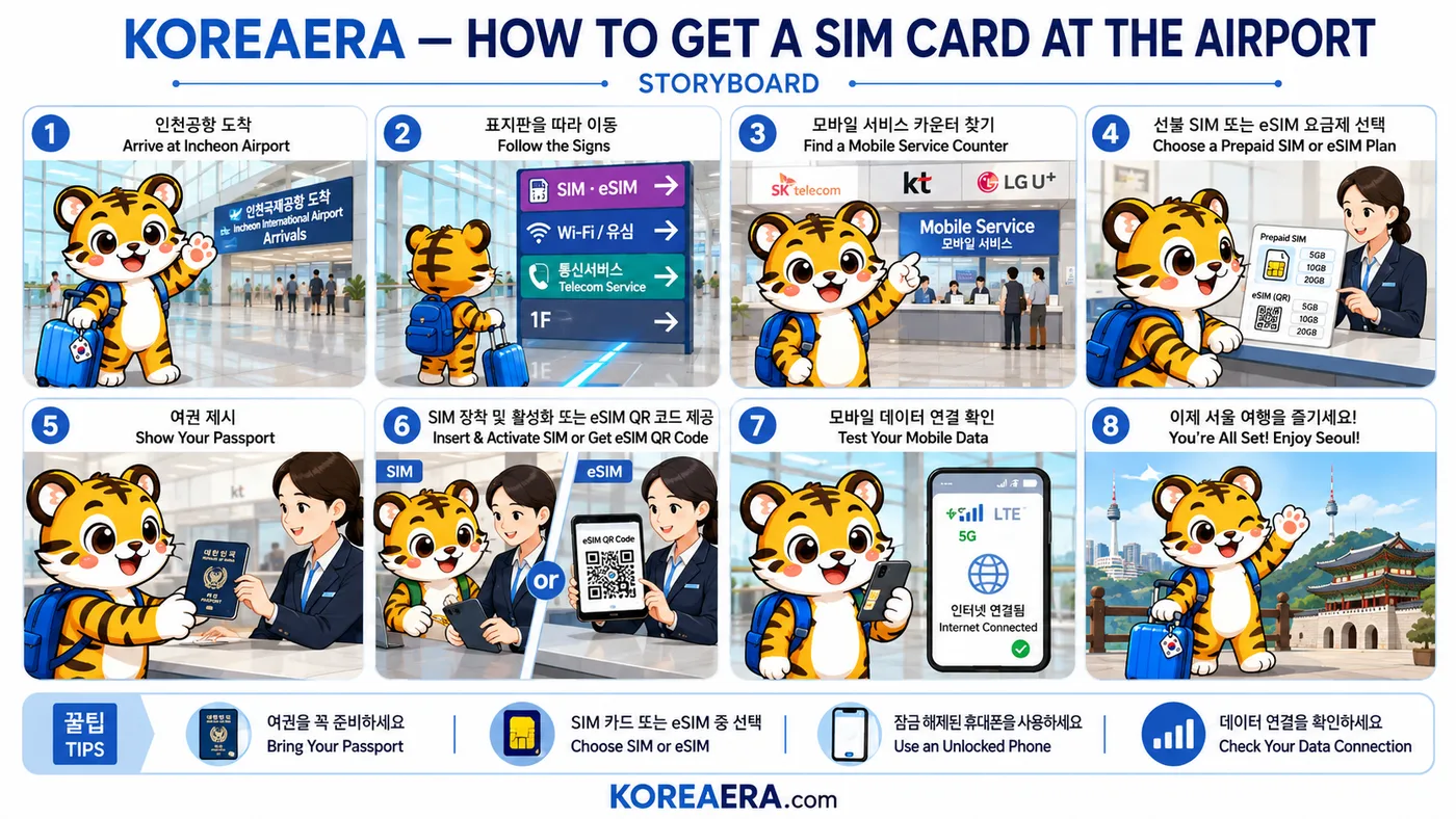 Illustrated eight-panel storyboard of buying a prepaid SIM or eSIM at Incheon Airport
