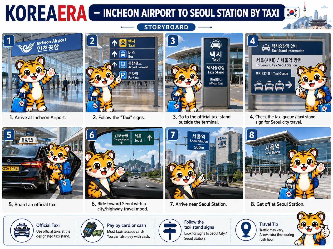 Illustrated eight-panel storyboard of taking an official taxi from Incheon Airport into Seoul