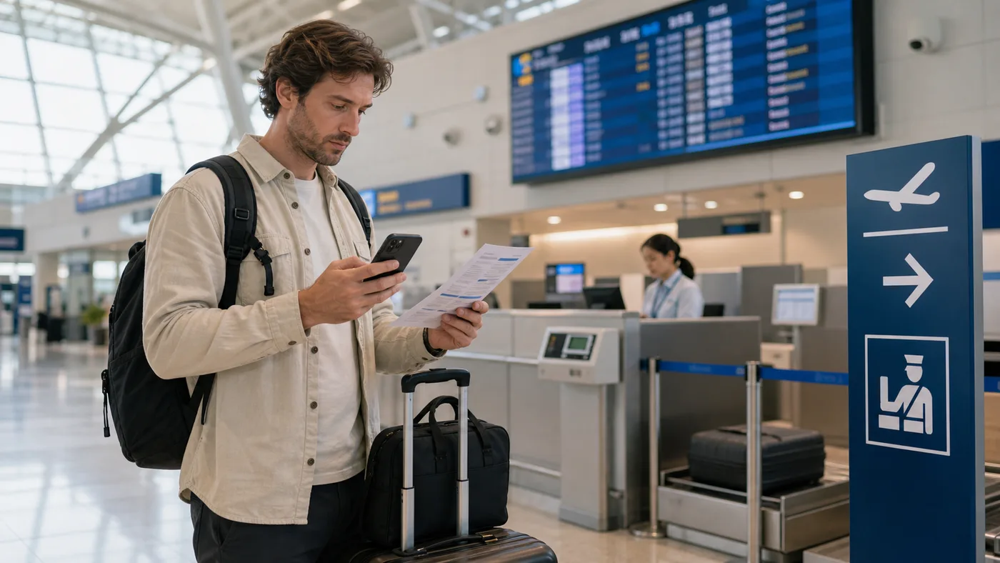Traveler cross-checks a privacy-safe itinerary beside a Korean domestic-airport check-in and baggage area