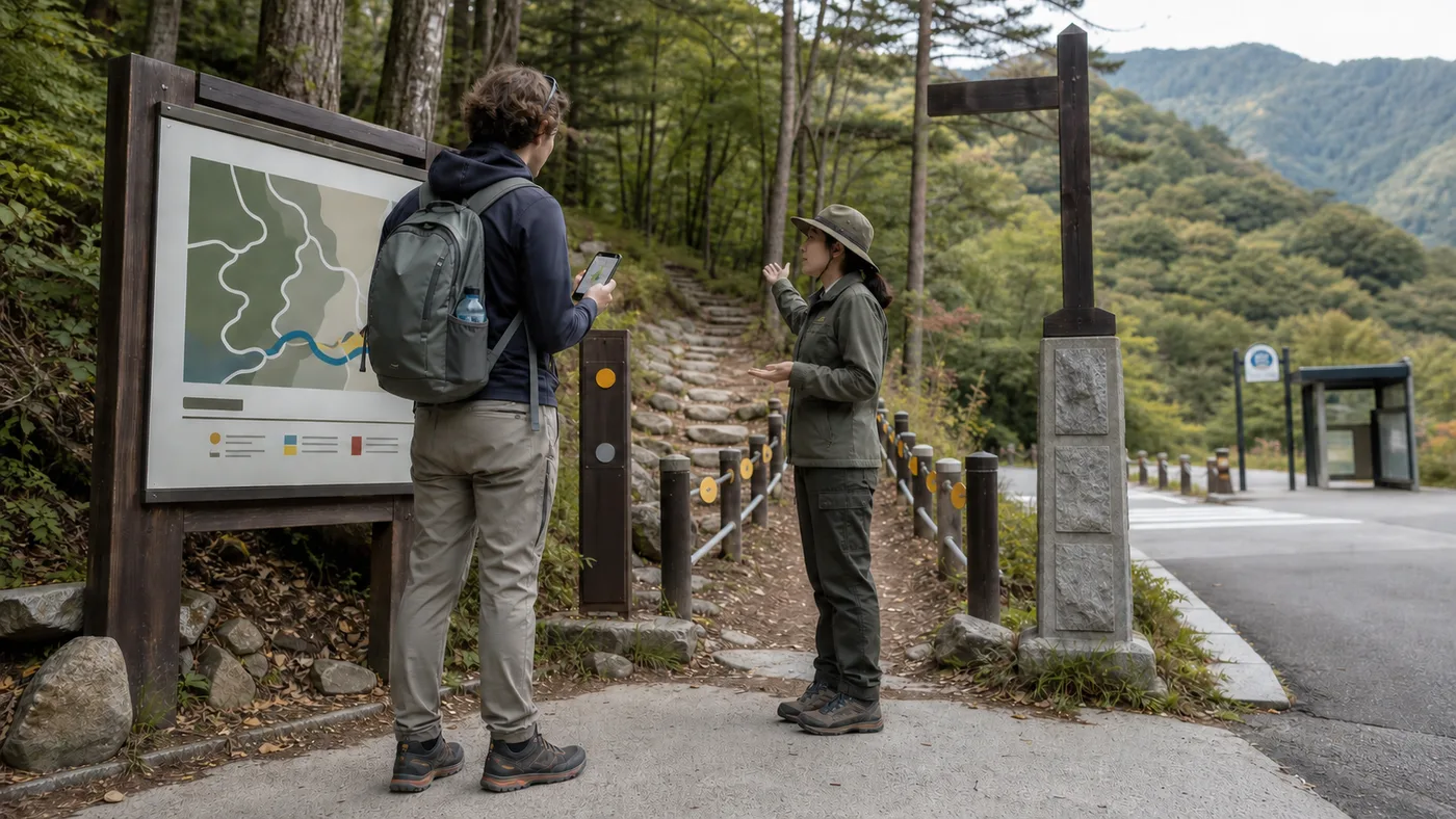 Traveler checks an abstract route board with unbranded staff at a maintained Korean mountain trail entrance