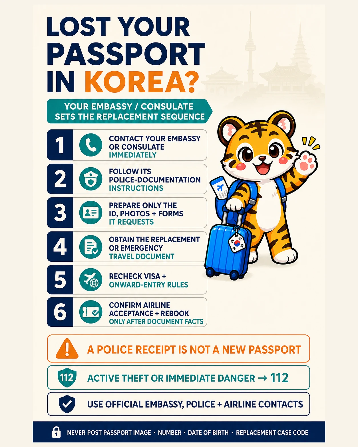 Illustrated six-action lost-passport guide led by the traveler's own embassy or consulate instructions