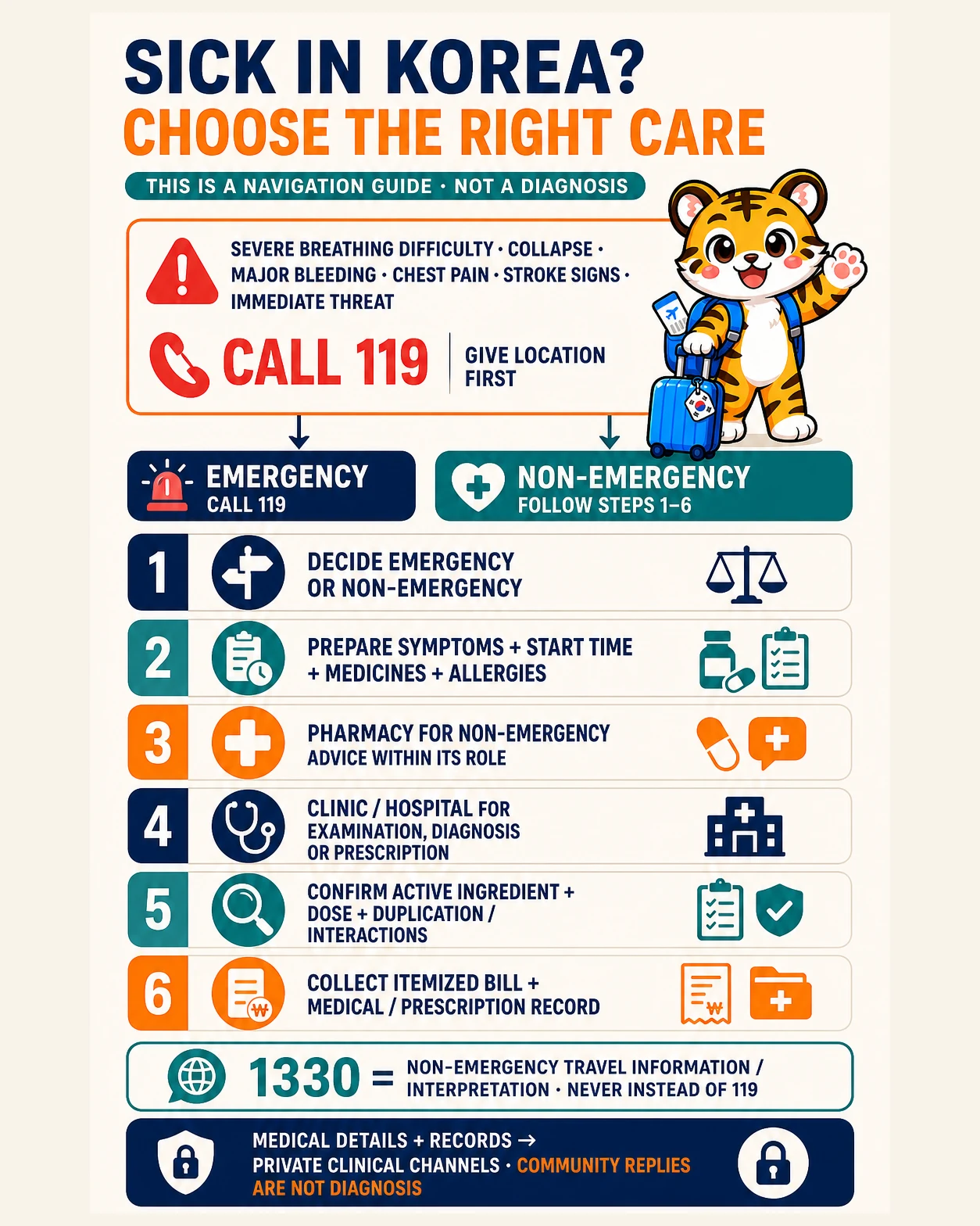 Illustrated medical-care navigator showing 119 for an emergency and pharmacy, clinic or hospital follow-up for non-emergency illness