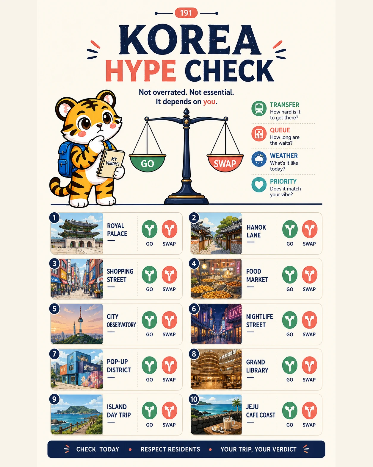 Korea Era tiger weighs go-or-swap decisions for ten famous Korea travel choices