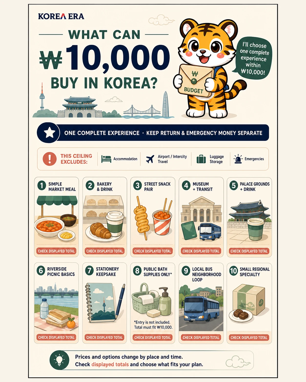 Korea Era tiger compares ten small Korea experiences against a live displayed-total ceiling