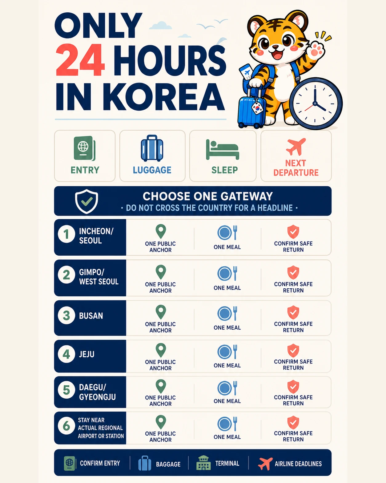 Korea Era tiger protects entry, luggage, sleep and departure before choosing one of six Korea gateway lanes