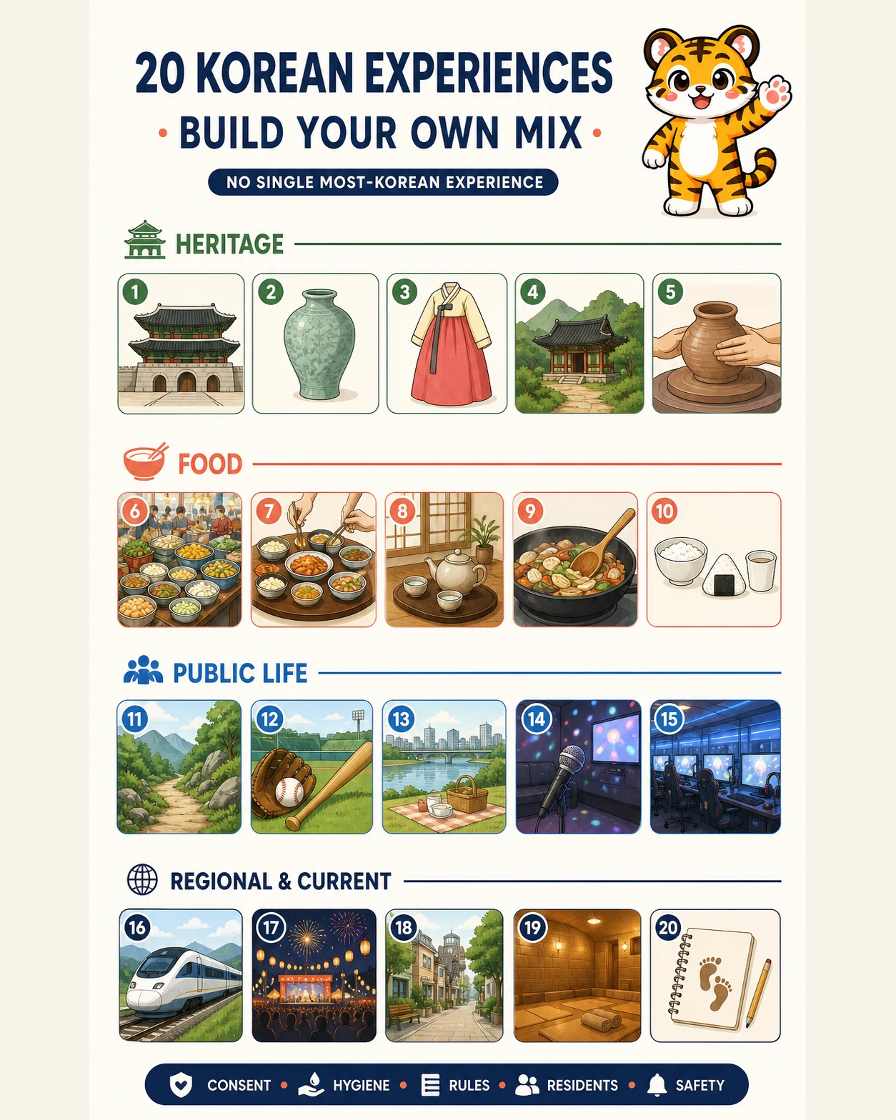 Korea Era tiger builds a personal mix from twenty heritage, food, public-life and regional experiences