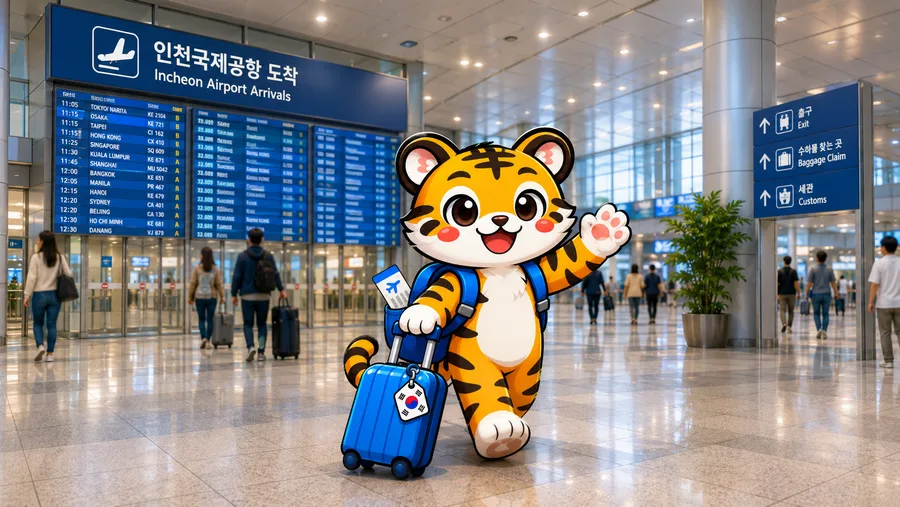 Illustration of a traveller in the Incheon Airport arrivals hall