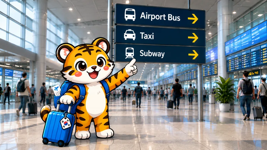 Illustration of airport signage separating bus, taxi and subway routes