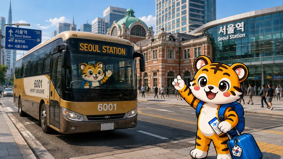 Illustration of an airport bus arriving at its city destination