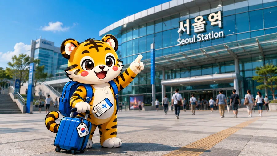 Illustration of a traveller arriving at Seoul Station by bus