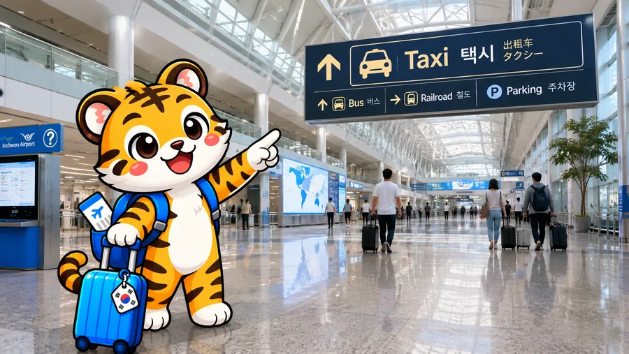 Illustration of airport signage pointing to taxi, bus, railway and parking