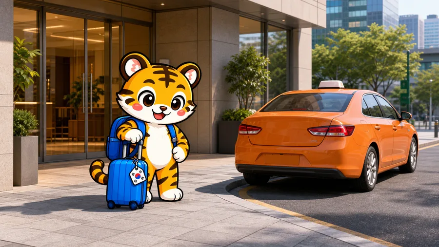 Illustration of a traveller arriving with luggage at an accommodation entrance by taxi