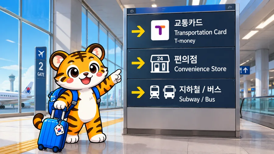 Illustration of airport signage pointing to transport cards and a convenience store
