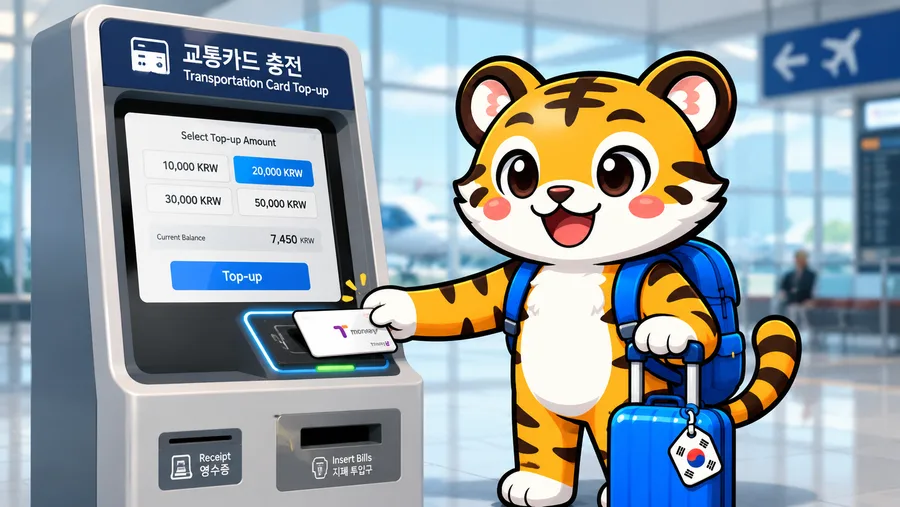 Illustration of a traveller buying a transport card at a convenience store counter