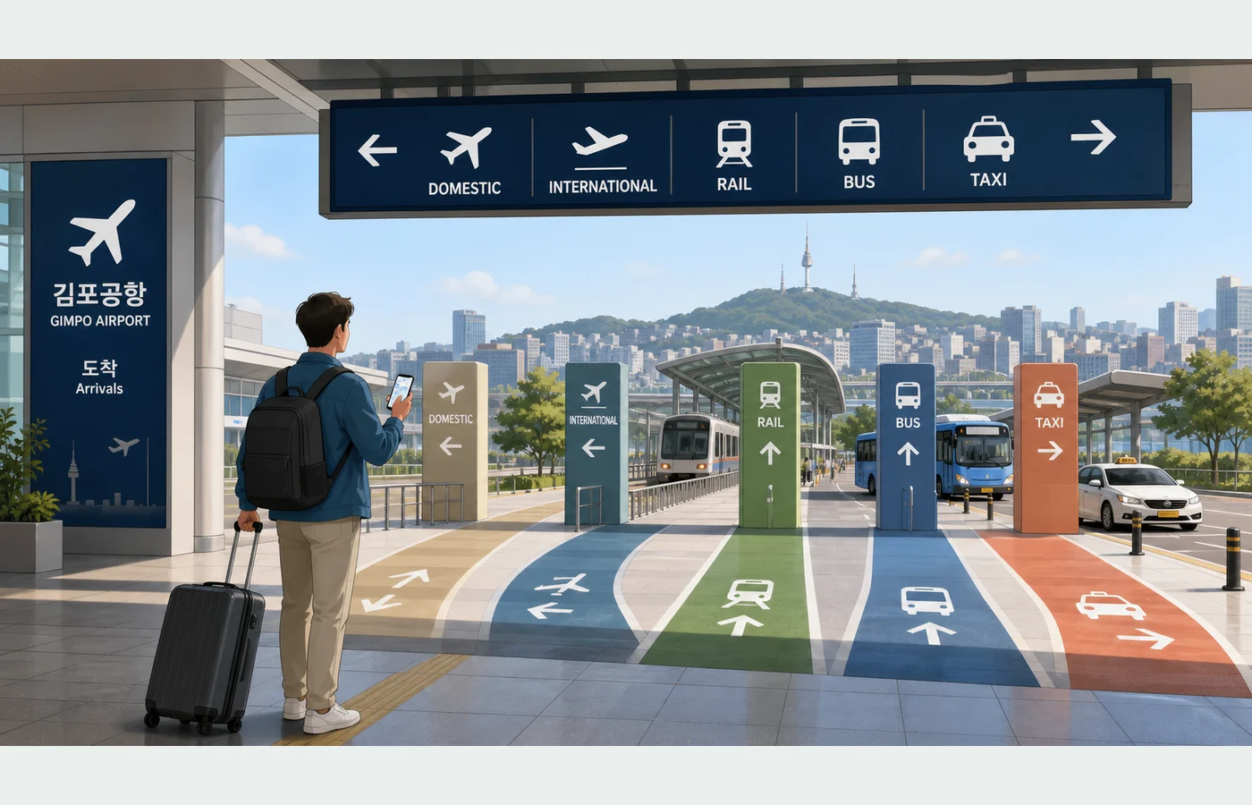 Illustrated Gimpo Airport arrival hall with domestic, international, rail, bus and taxi wayfinding signs