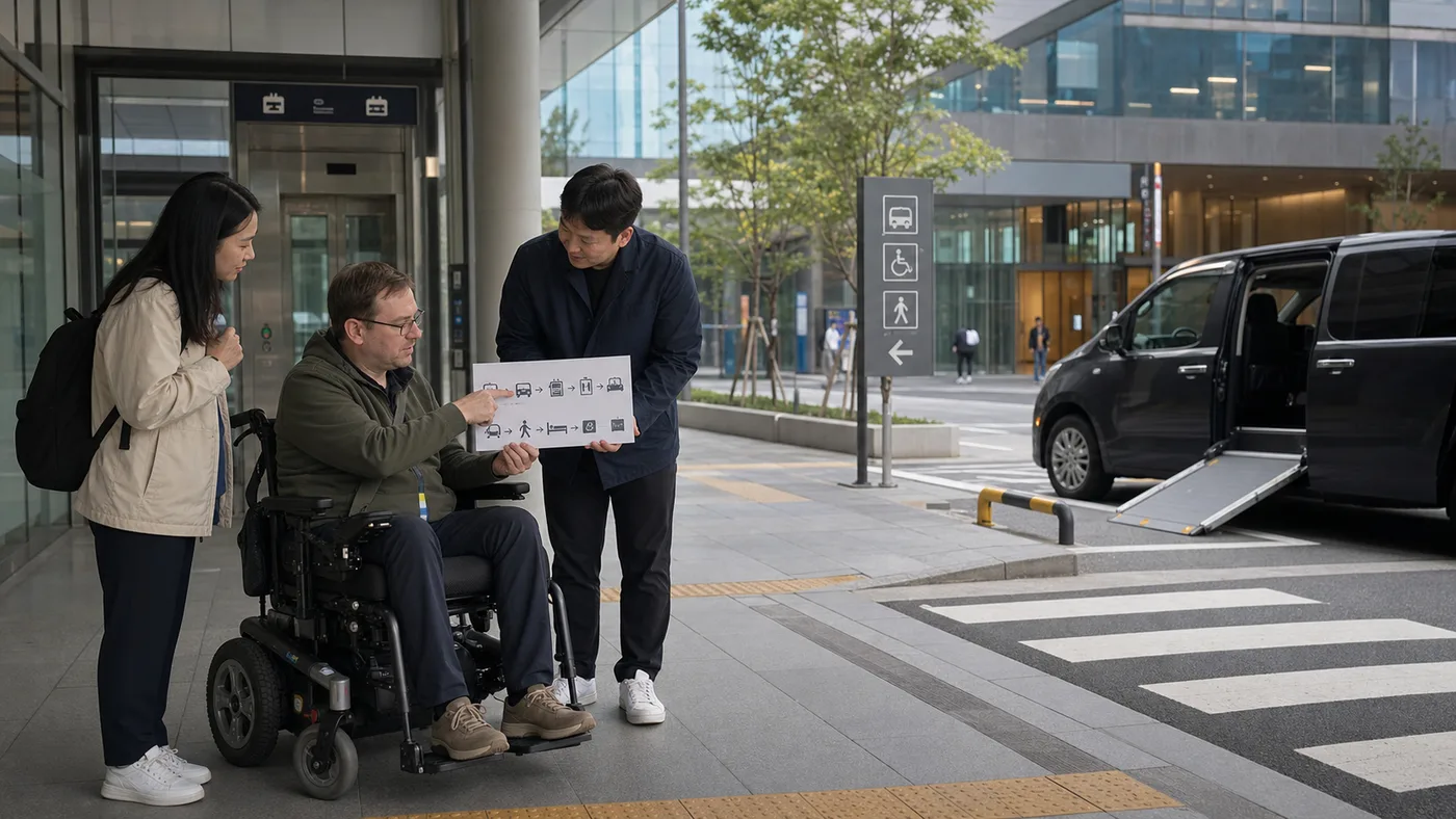 Traveler leads an abstract door-to-door access-chain review beside an accessible vehicle and Korean public entrance