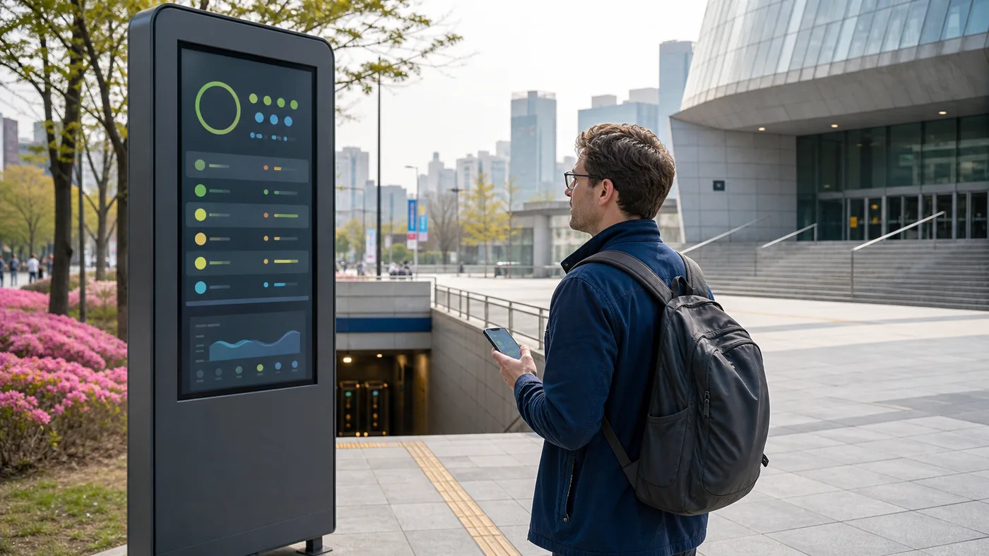 Traveler compares an abstract air-quality display with a phone near a Korean subway exit and indoor venue