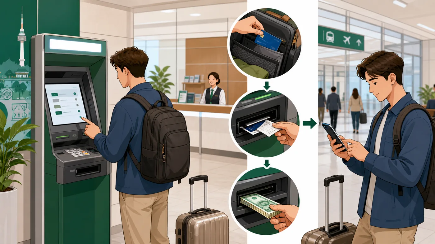 Editorial illustration of a traveler reviewing an ATM in a staffed Korean public area, retrieving the card, cash and receipt, then checking the issuer app