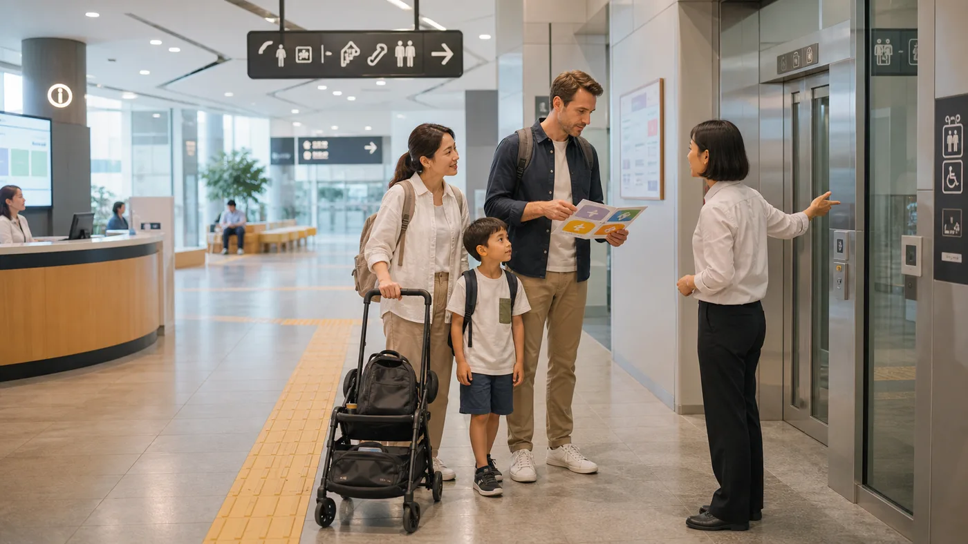 Family checks an abstract short-day route and elevator entrance with unbranded staff in a modern Korean public facility