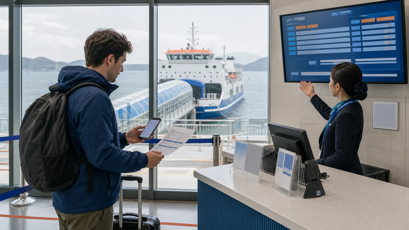 Traveler confirms an abstract sailing display with staff inside a protected Korean passenger-ferry terminal