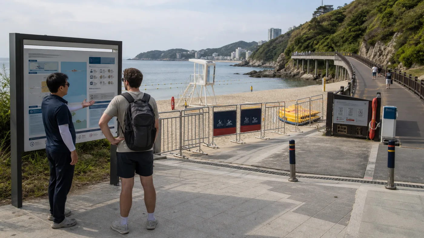 Traveler checks an abstract safety board with unbranded staff at the entrance to a managed Korean beach