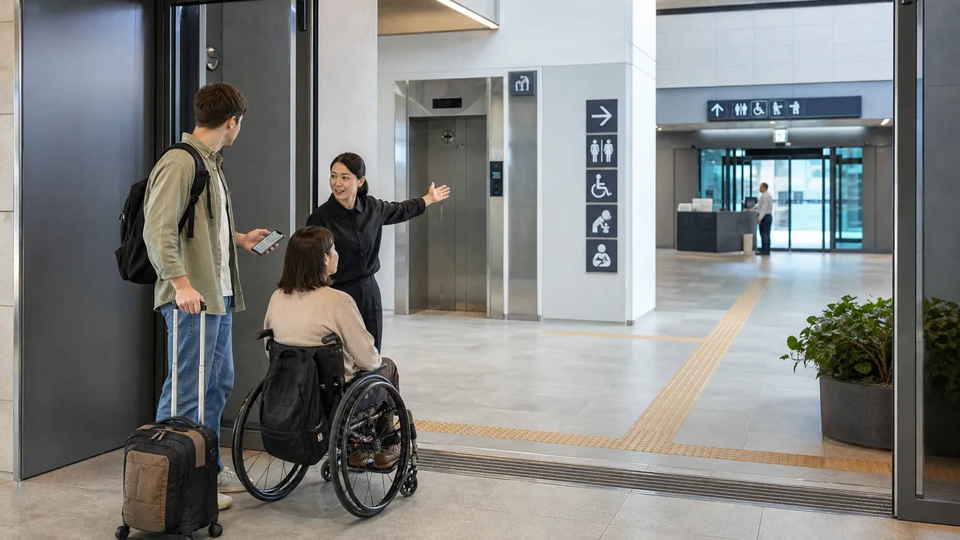 Travelers confirm a step-free public-facility route and staffed backup entrance with unbranded staff in Korea