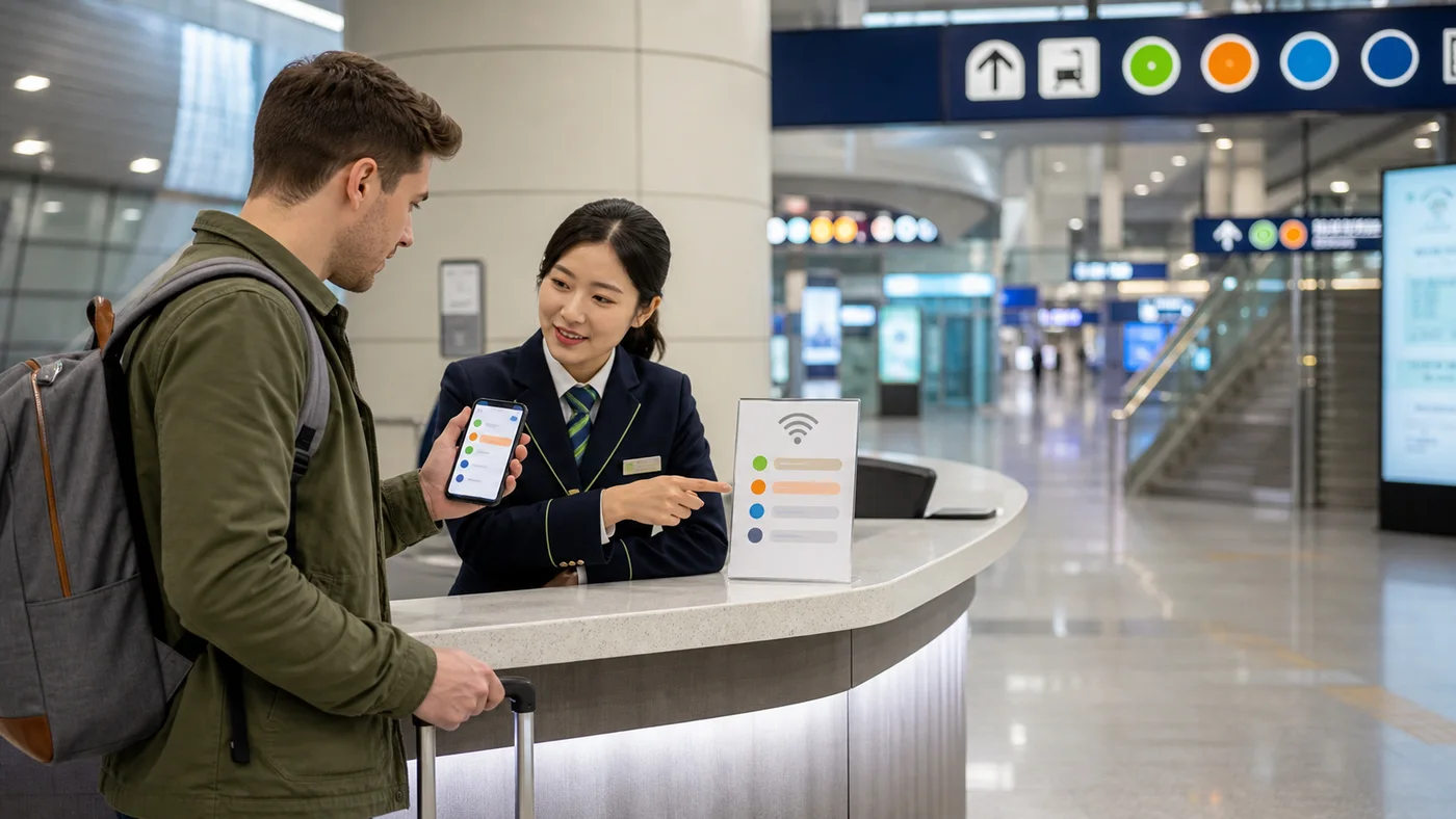 Traveler asks a staffed Korean station information desk to verify an abstract Wi-Fi network before connecting