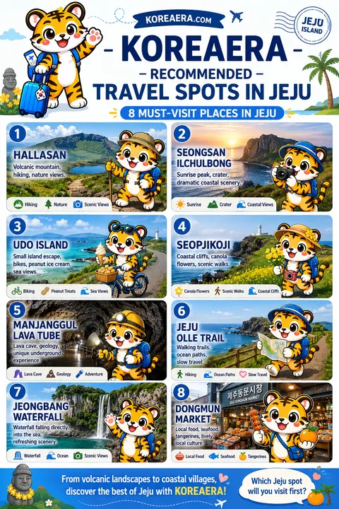 Illustrated Korea Era overview of eight must-visit places on Jeju Island