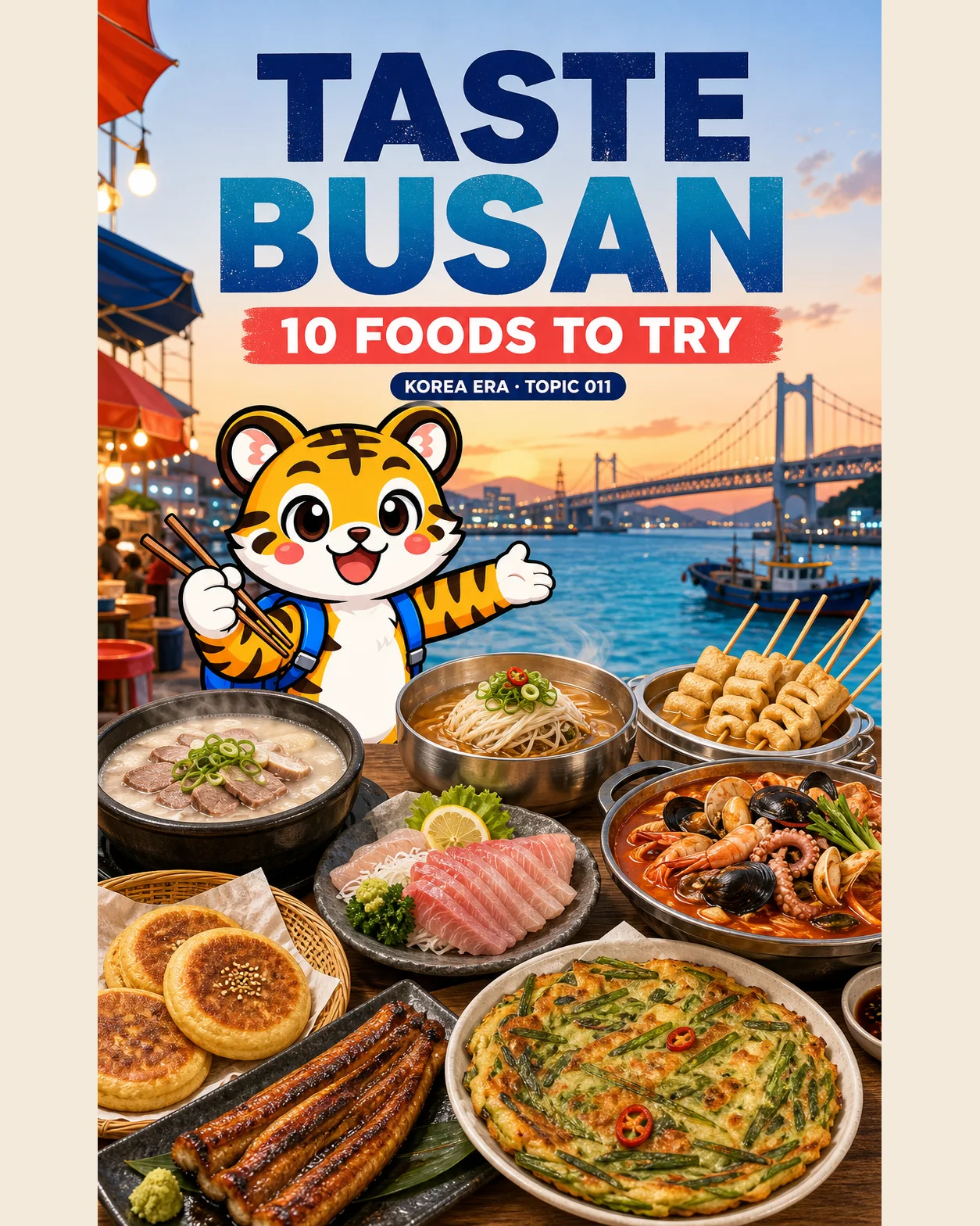 Korea Era tiger mascot presenting Busan pork soup, wheat noodles, fish cake, seeded hotteok, seafood, grilled eel and green-onion pancake by the harbour