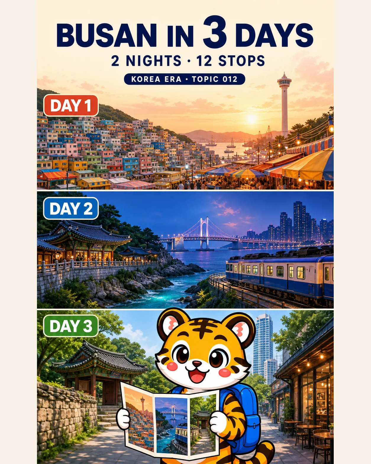 Korea Era tiger mascot holding a three-panel map across three complete Busan days: old port, east coast and northern neighbourhoods