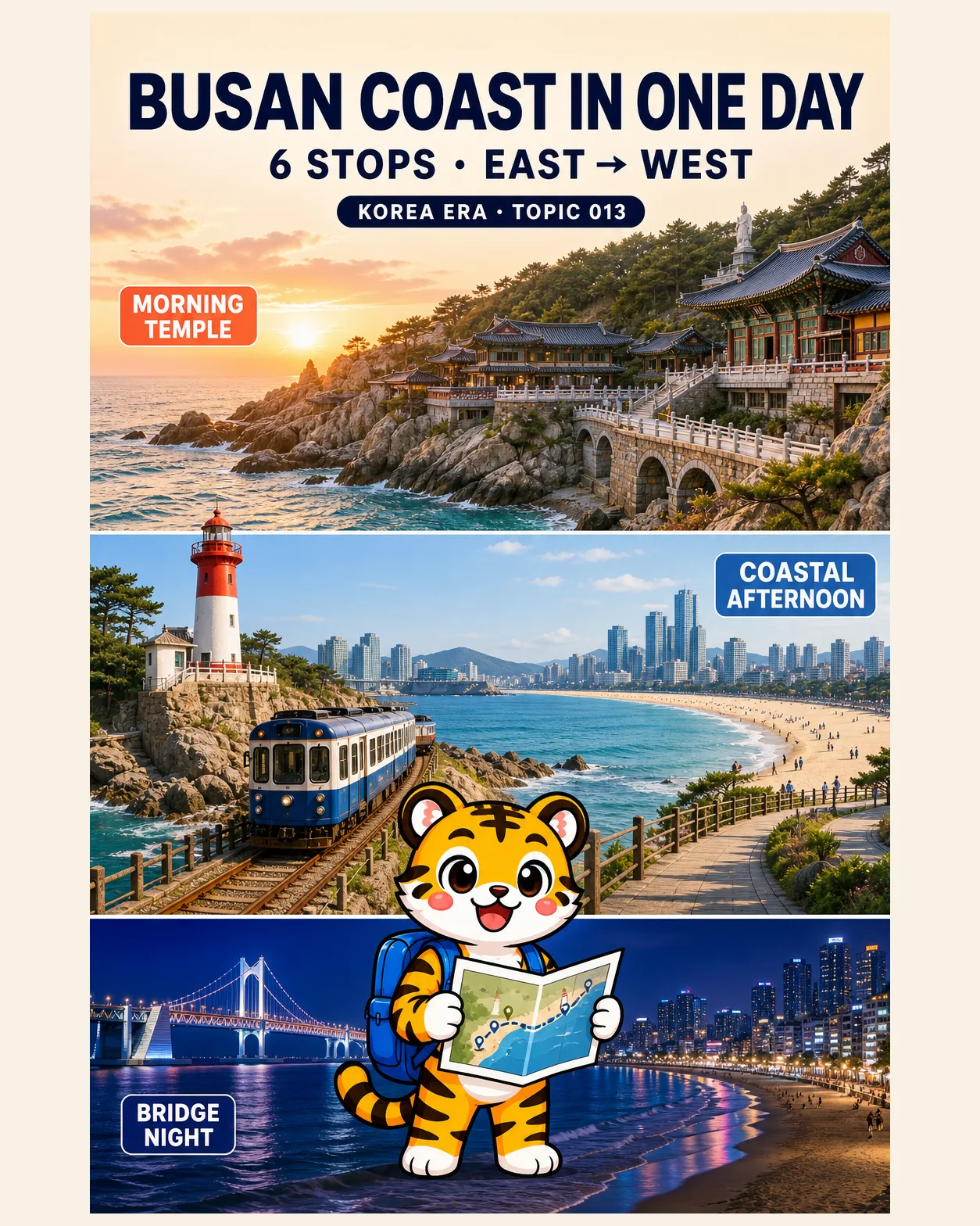 Korea Era tiger mascot following one east-to-west Busan coast day from a seaside temple through Cheongsapo and Haeundae to Gwangalli at night