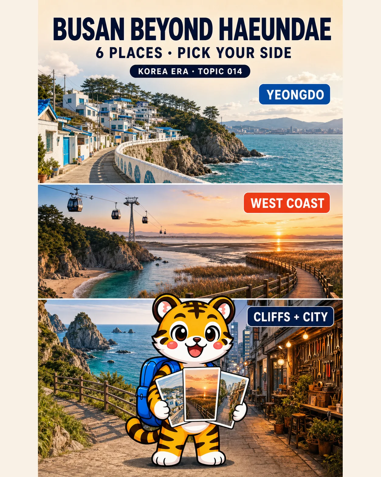 Korea Era tiger mascot comparing Yeongdo, Busan's west coast, rocky cliff walks and a creative city alley beyond Haeundae
