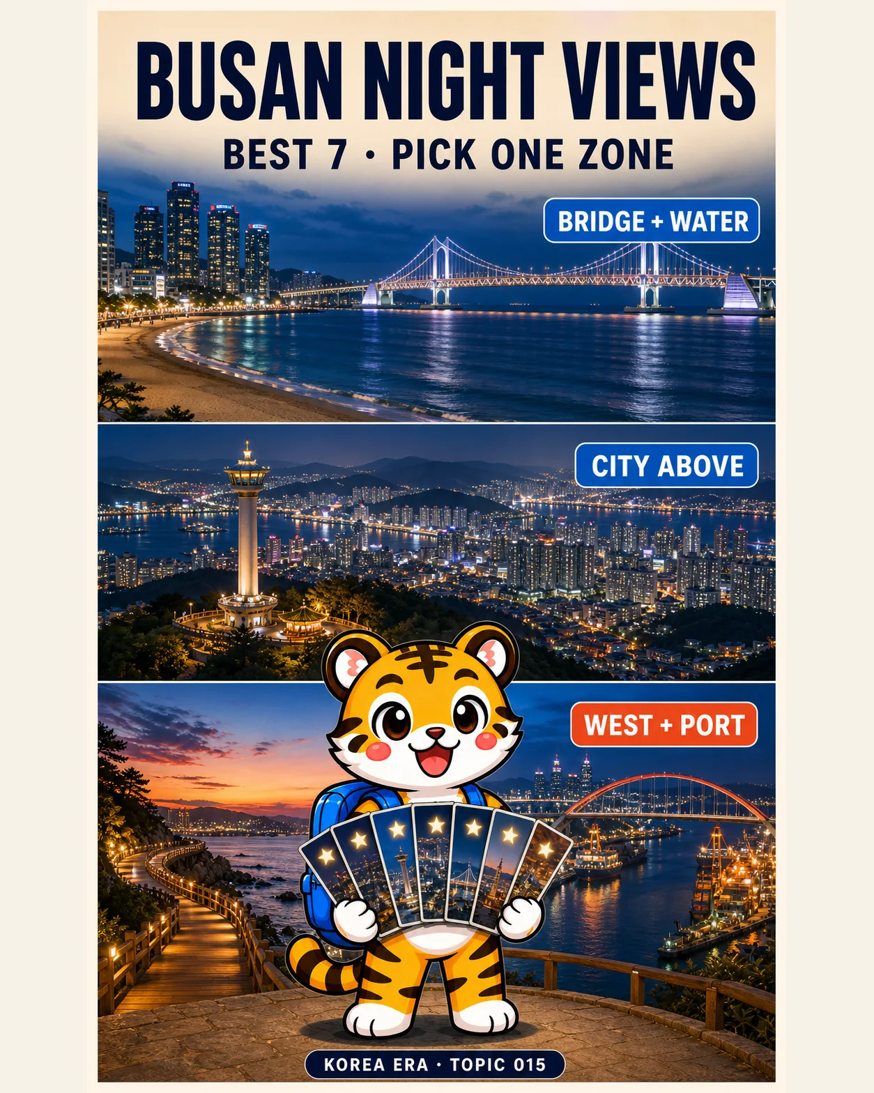 Korea Era tiger mascot holding seven night-view cards above Busan bridge, city, sunset and port scenes