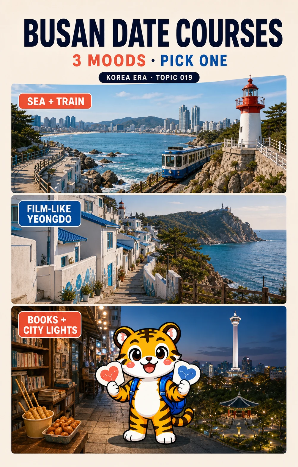Korea Era tiger mascot comparing three Busan date courses: the east-coast train, quiet Yeongdo lanes, and old-city books and lights