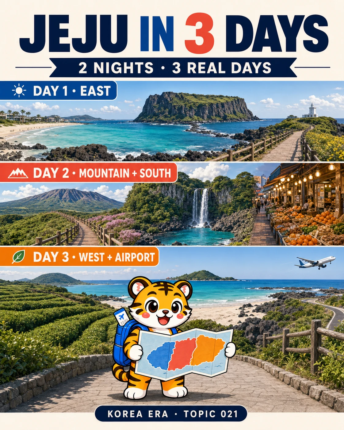 Illustrated Korea Era three-day Jeju route showing the east, Hallasan and Seogwipo, and the west coast