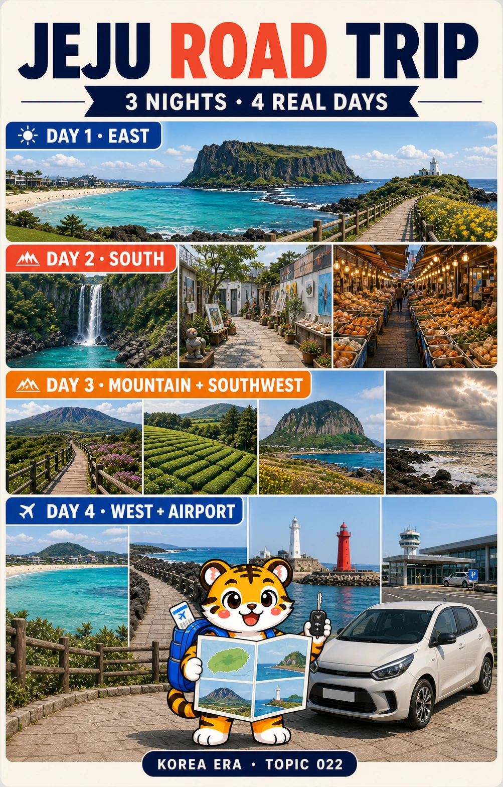 Korea Era tiger mascot beside a four-panel Jeju road-trip map showing the east, south, Hallasan and southwest, and the west coast toward the airport