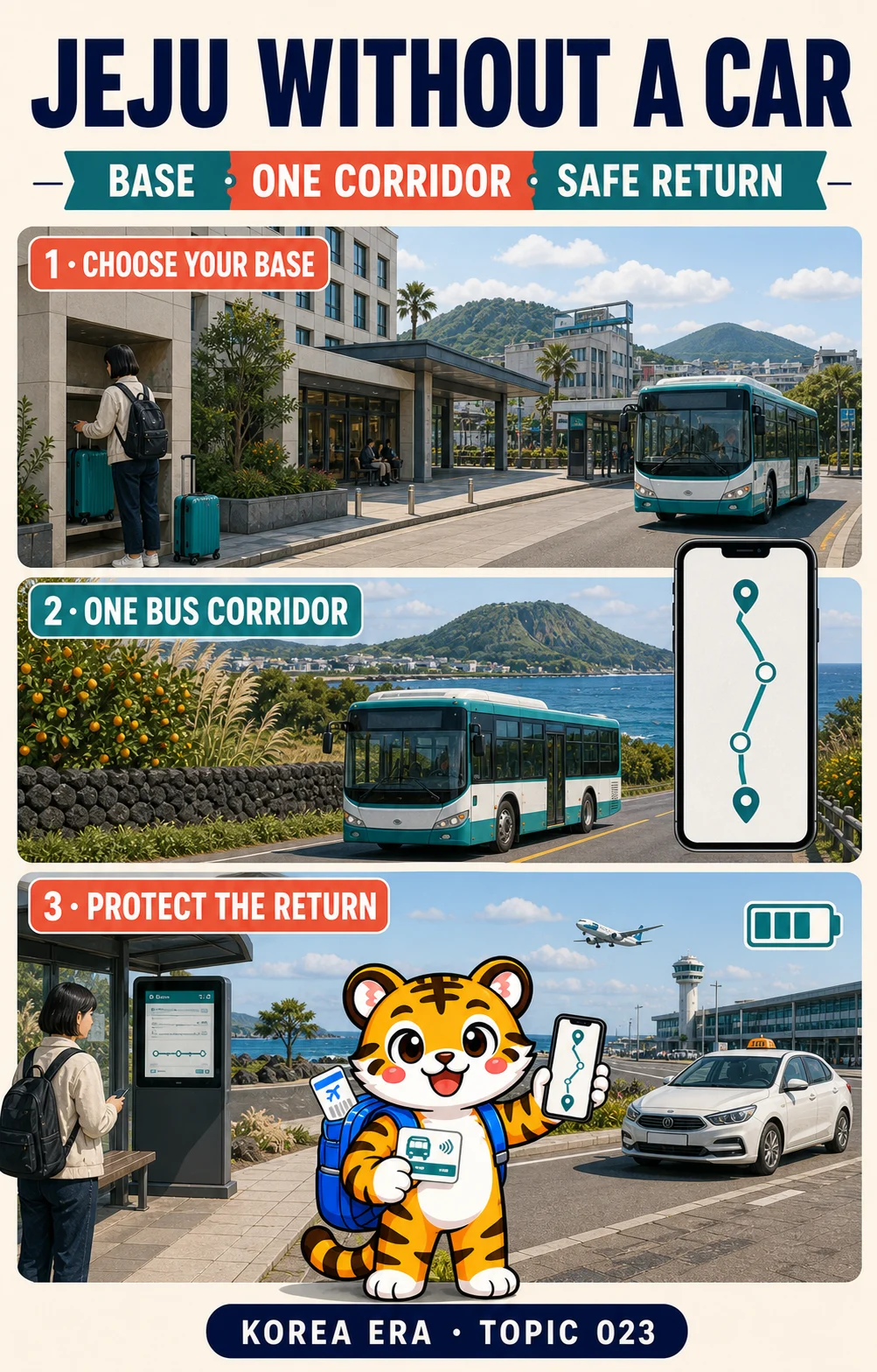 Korea Era tiger mascot explaining three car-free Jeju decisions: choose a base, use one bus corridor and protect the airport return
