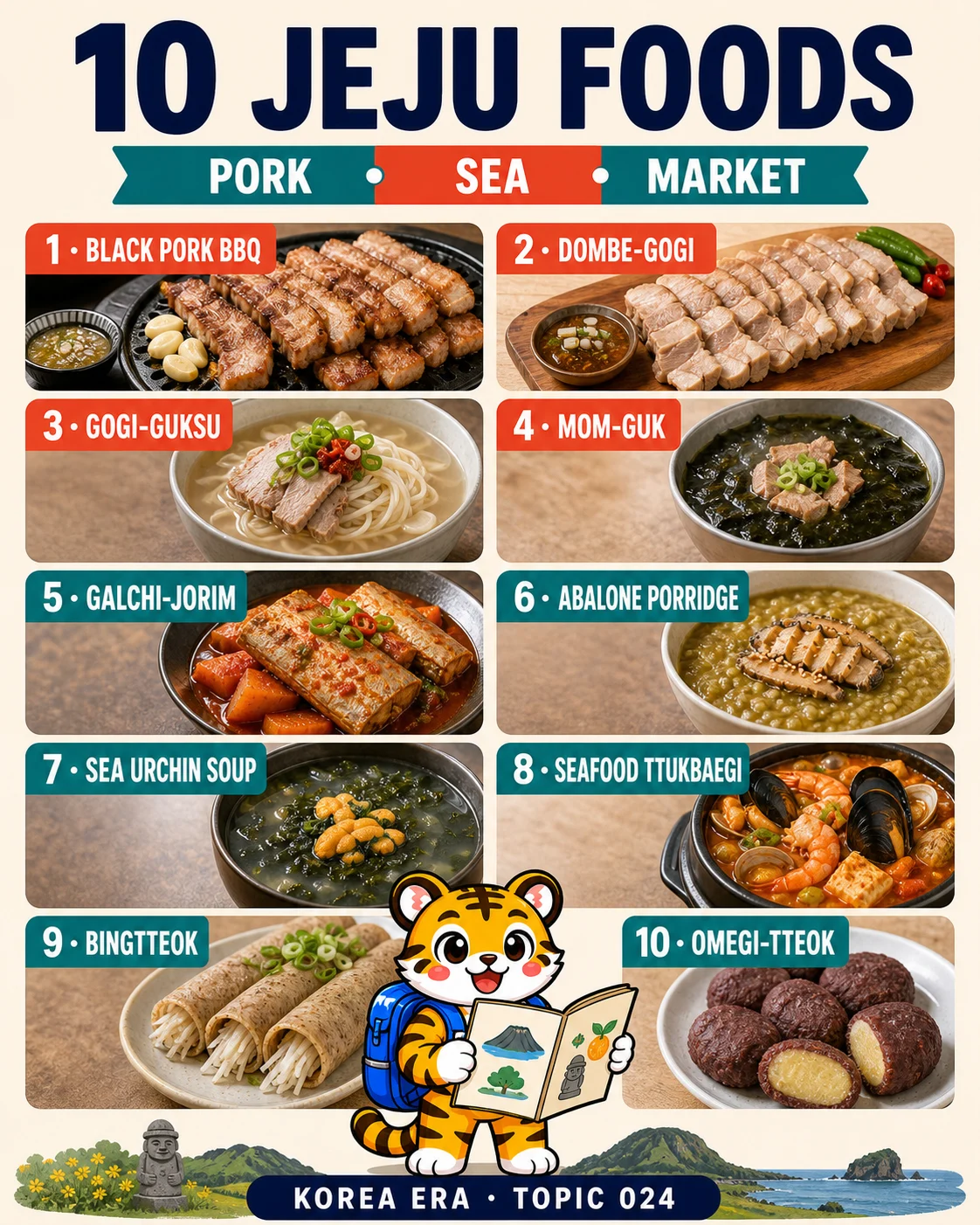 Korea Era tiger mascot presenting ten Jeju foods grouped into pork dishes, seafood dishes and traditional market snacks