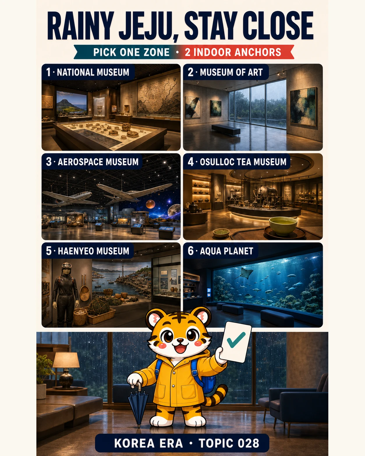 Korea Era tiger mascot in a yellow raincoat holding a checked card below six rainy-day Jeju indoor choices